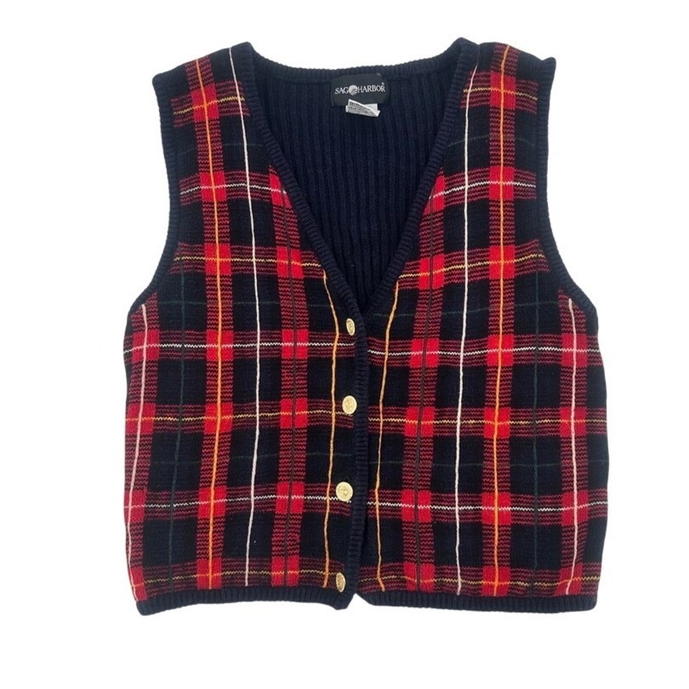 Sag Harbor Vintage Plaid Sweater Vest Gold Button Navy Red M